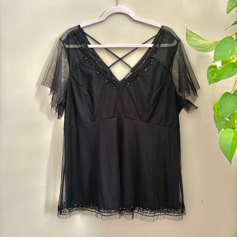 Torrid Black Beaded Trim Mesh Flutter Sleeve Dress Top
